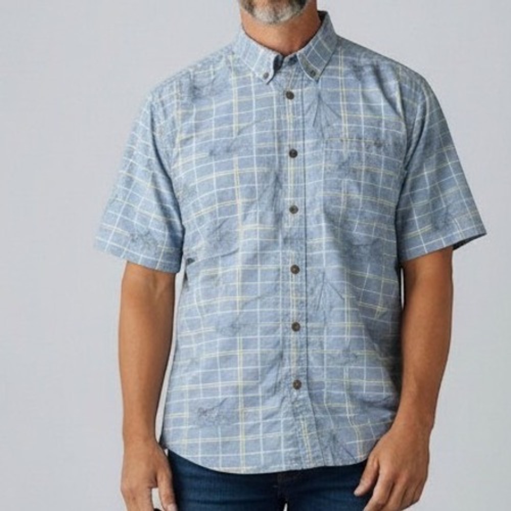 Columbia River Lodge Shirt Men XXL Blue Plaid Marlin Fishing Short Sleeve Cotton